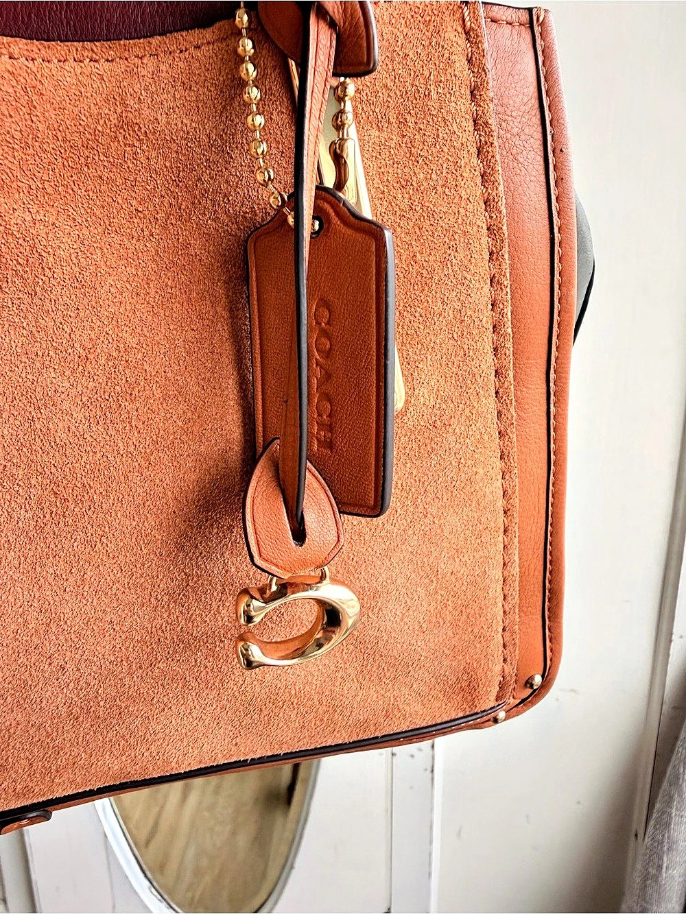 Coach Dreamer Satchel Colorblock Suede Satchel in Brown & Burgundy - Picture 3 of 11
